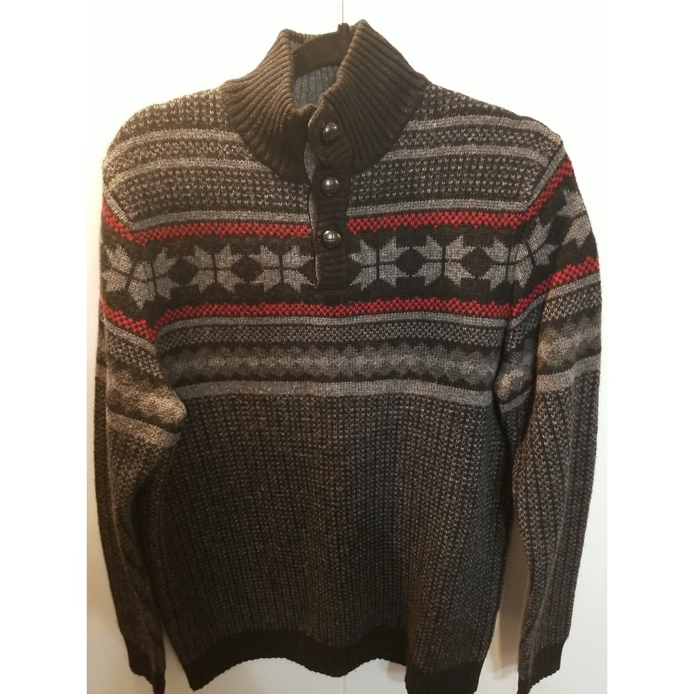 Club  Room Mens‎ L Wool  Blend Black Gray Red Fair Isles Button Pullover Sweater